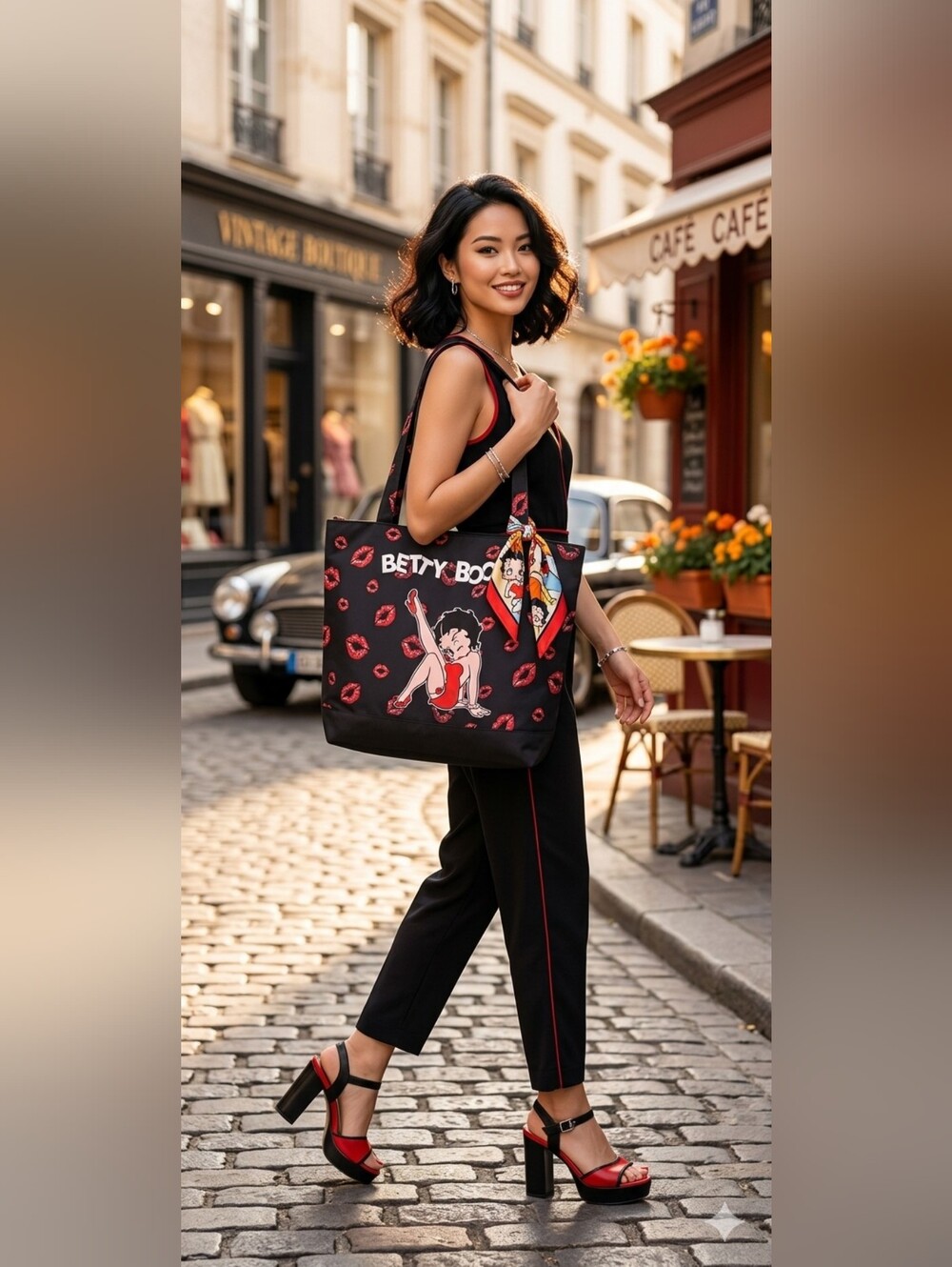 🥳Pre-Owned🥳 Betty Boop Black Tote with Red Kiss Motif and Multicolor Scarf